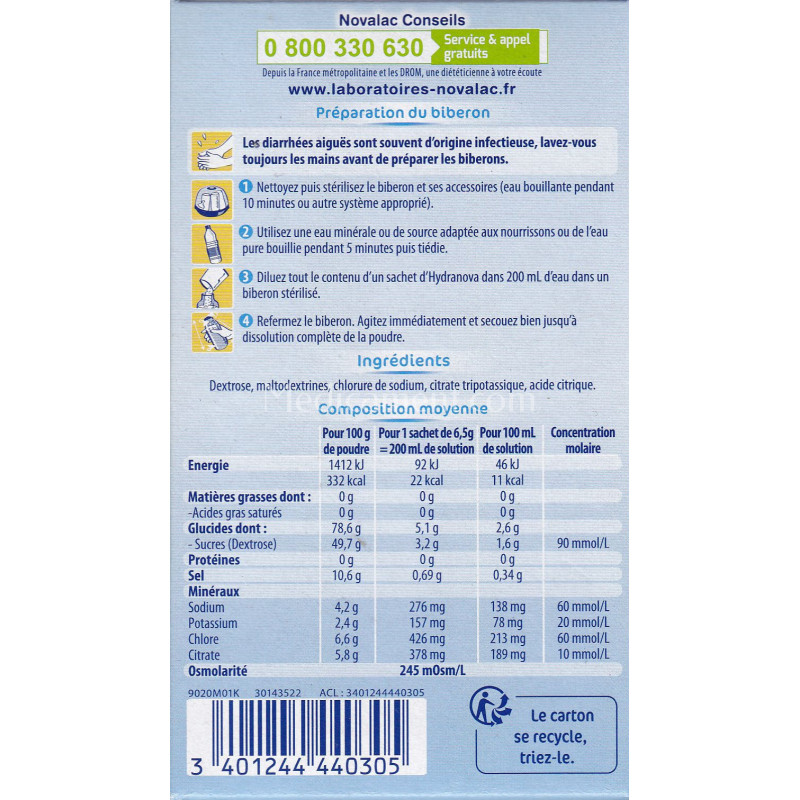 Hydranova Solute De Rehydratation Orale En Cas De Diarrhees Novalac