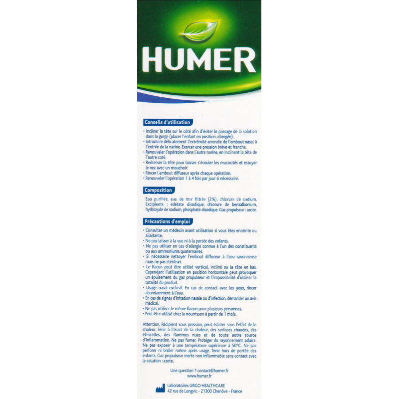 Humer hygiène du nez solution saline spray nasal - Lavage quotidien